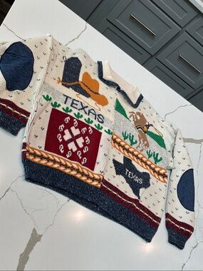 Texas Patchwork Vintage Sweater Loft MediumUSA Knit Cream Navy Cowboy Western
